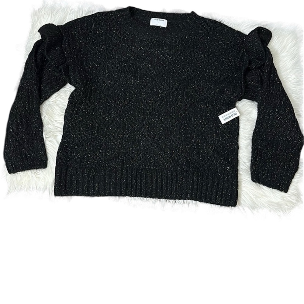 NWT Old Navy Black Jack Femme Pointelle Shimmer Sweater Ruffle Shoulder L